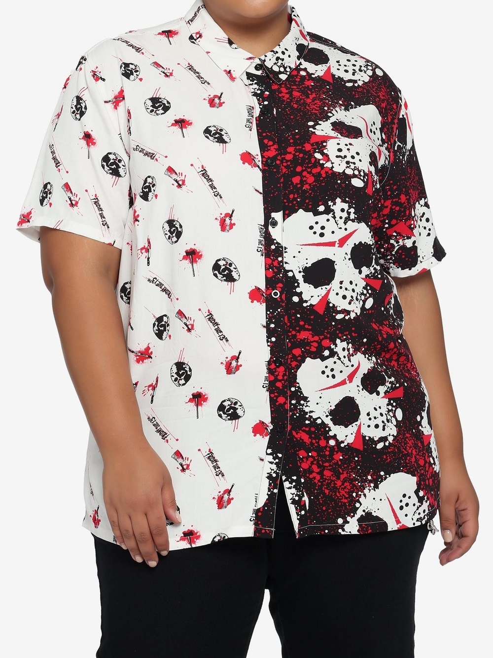 Friday The 13th Split Panel Camp Button Up Shirt Jason Hockey Mask Splatter